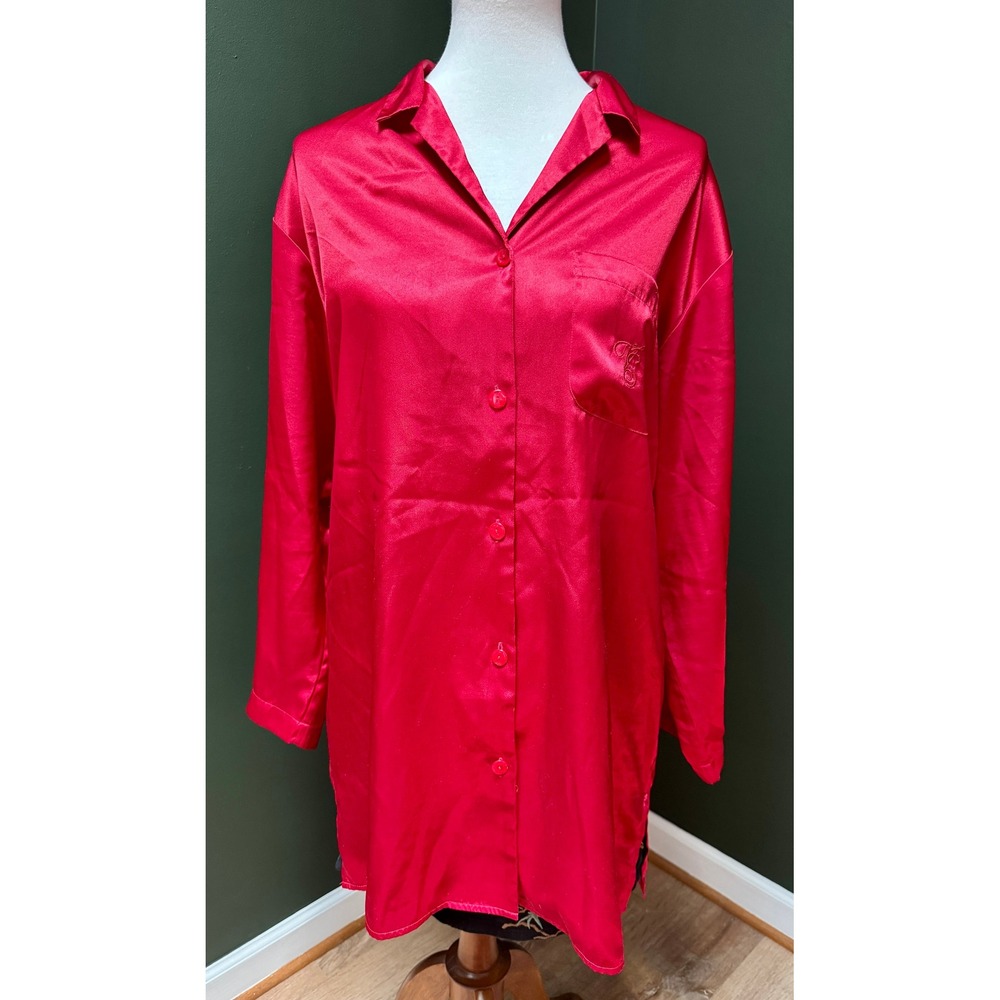 Victoria's Secret Red Satin‎ Button Down Long Sleeve Night Gown Size M